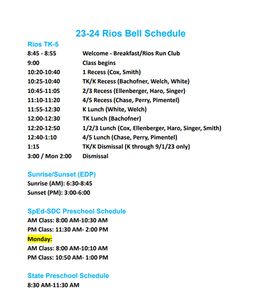 23-24 Rios Bell Schedule